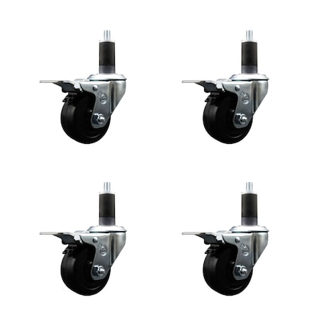 Service Caster 3'' SS Soft Rubber Swivel 1-1/4'' Expanding Stem Caster Set Total Lock Brake, 4PK SCC-SSEXTTL20S314-SRS-114-4